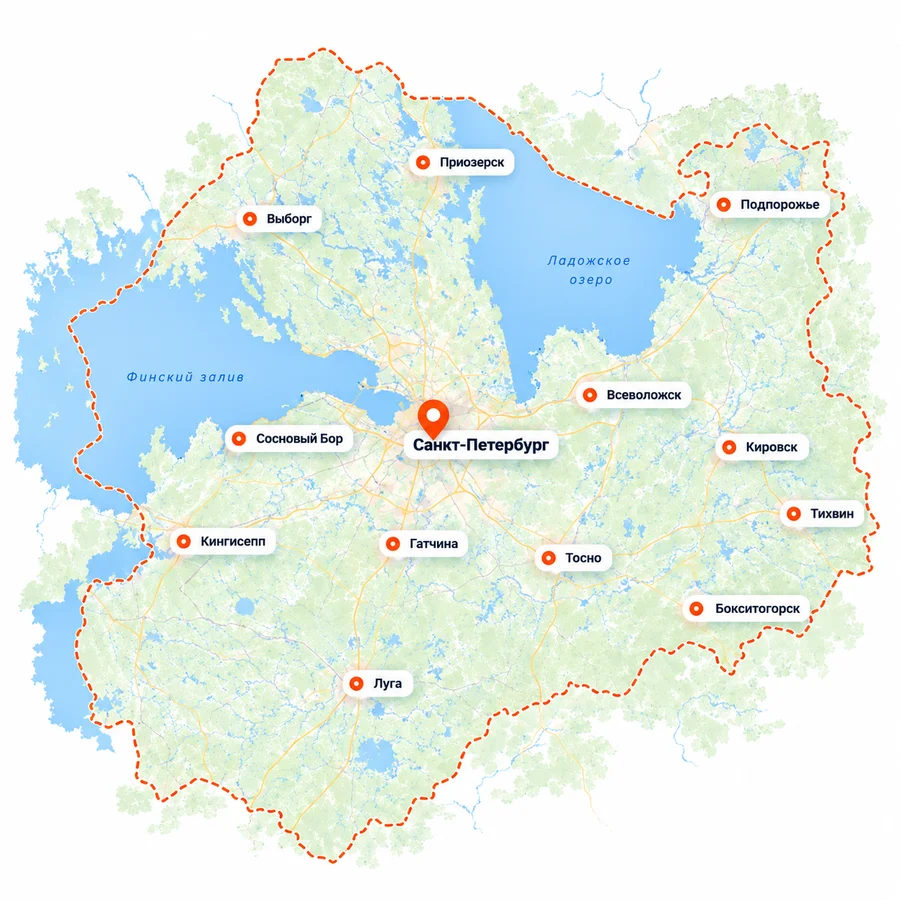 Карта доставки по Санкт-Петербургу и Ленинградской области: Выборг, Приозерск, Подпорожье, Всеволожск, Кировск, Тихвин, Тосно, Гатчина, Кингисепп, Сосновый Бор, Бокситогорск и Луга