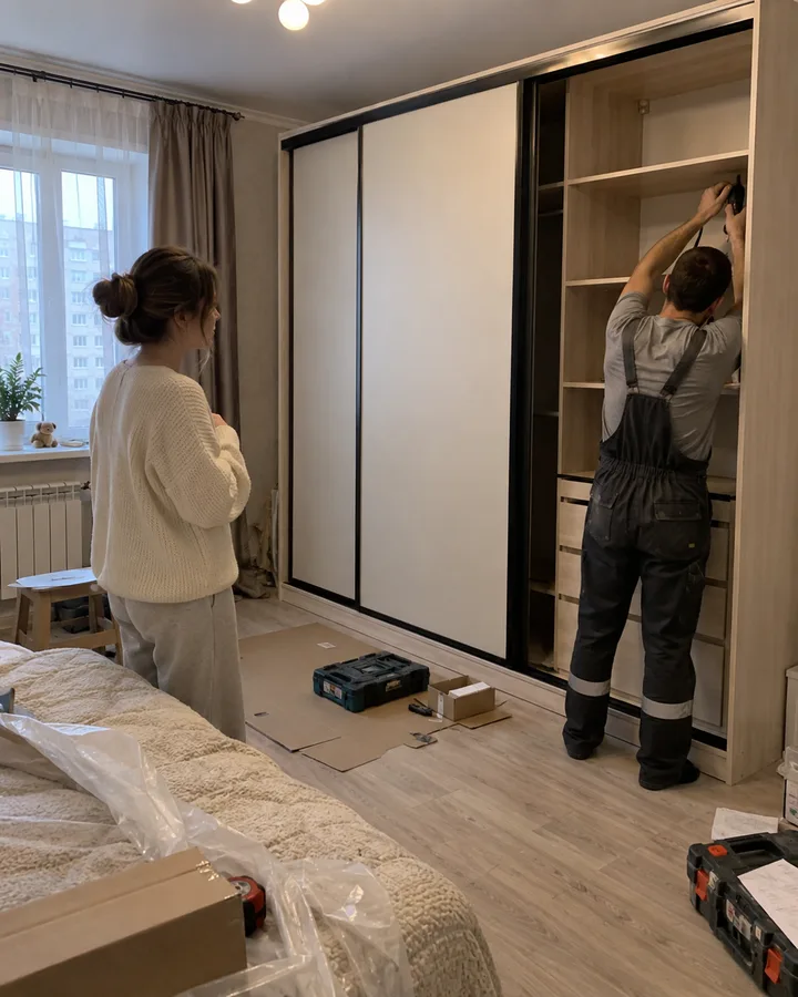 Монтажник собирает шкаф-купе в спальне, заказчица наблюдает за работой