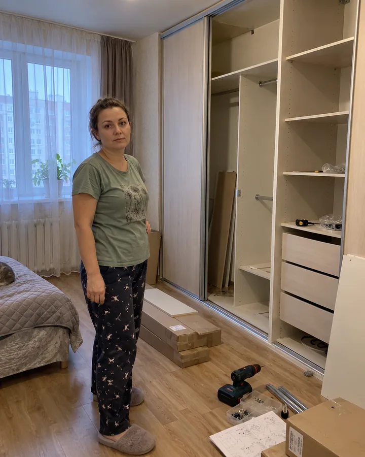 Женщина рядом со шкафом-купе во время сборки